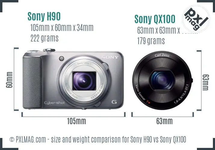 Sony H90 vs Sony QX100 size comparison