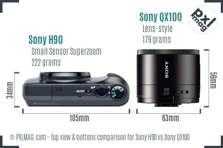 Sony H90 vs Sony QX100 top view buttons comparison