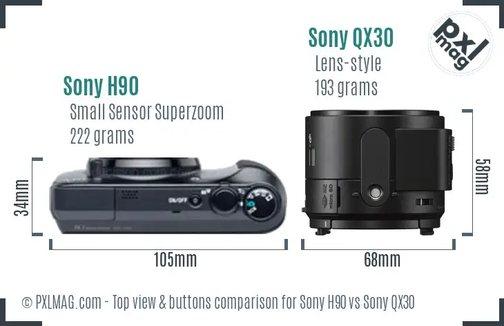 Sony H90 vs Sony QX30 top view buttons comparison