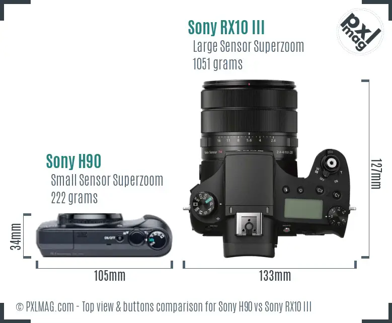 Sony H90 vs Sony RX10 III top view buttons comparison