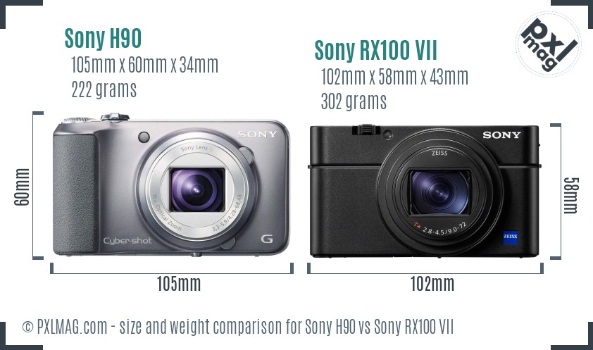 Sony H90 vs Sony RX100 VII size comparison