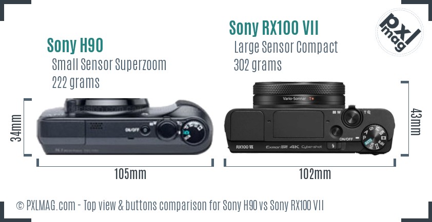 Sony H90 vs Sony RX100 VII top view buttons comparison