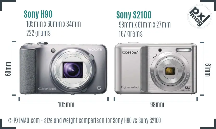Sony H90 vs Sony S2100 size comparison