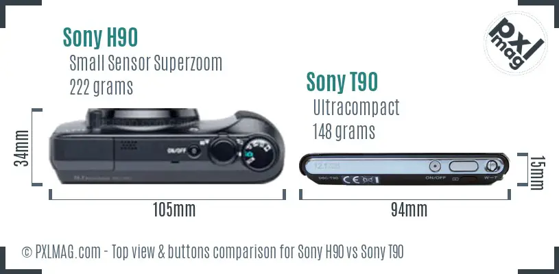 Sony H90 vs Sony T90 top view buttons comparison