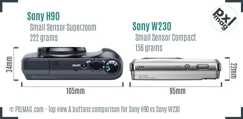 Sony H90 vs Sony W230 top view buttons comparison