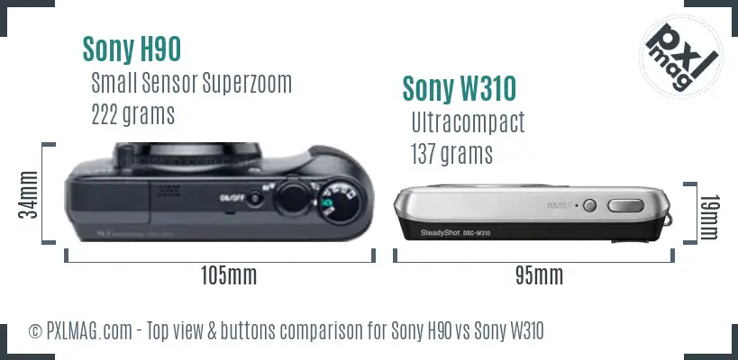 Sony H90 vs Sony W310 top view buttons comparison