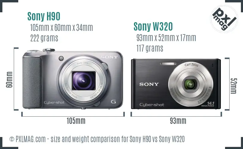 Sony H90 vs Sony W320 size comparison