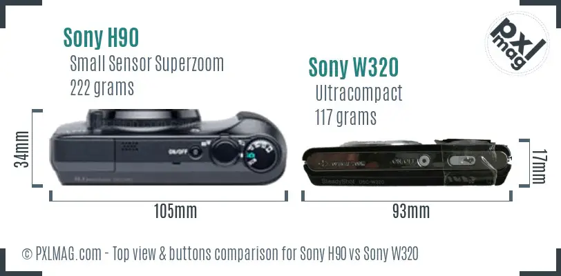 Sony H90 vs Sony W320 top view buttons comparison