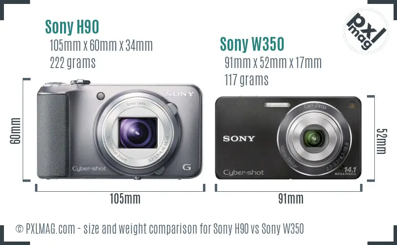 Sony H90 vs Sony W350 size comparison