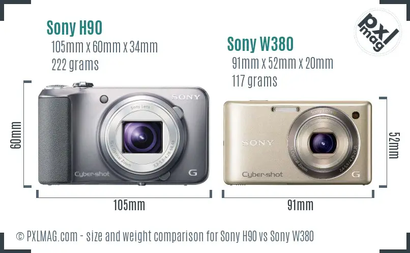 Sony H90 vs Sony W380 size comparison