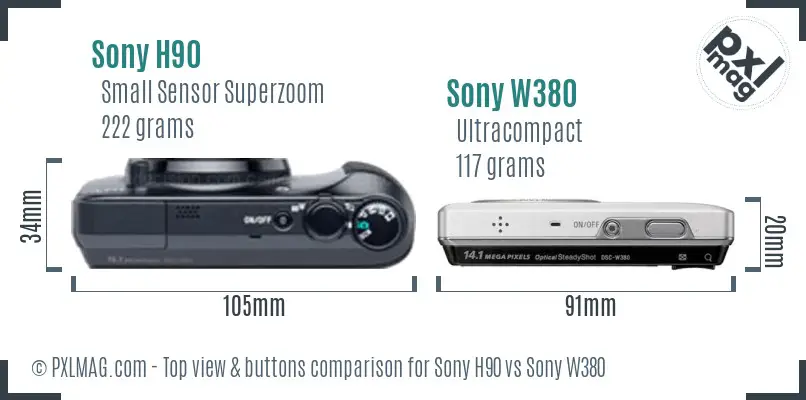 Sony H90 vs Sony W380 top view buttons comparison