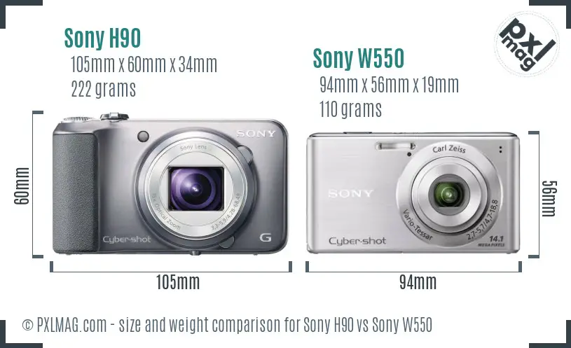 Sony H90 vs Sony W550 size comparison