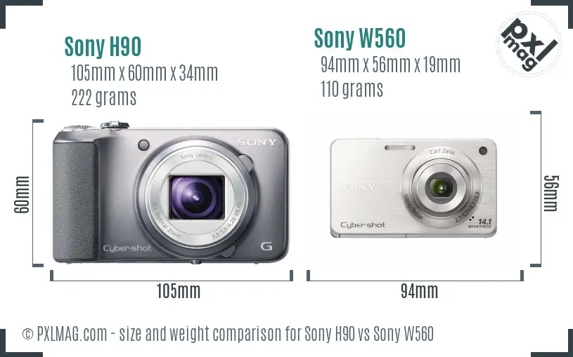 Sony H90 vs Sony W560 size comparison