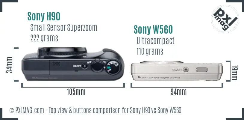 Sony H90 vs Sony W560 top view buttons comparison