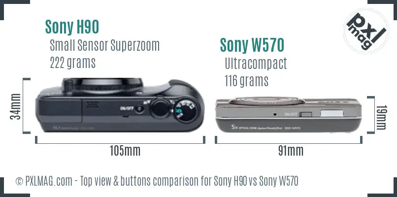Sony H90 vs Sony W570 top view buttons comparison