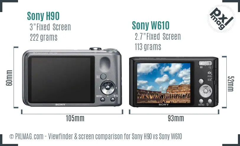 Sony H90 vs Sony W610 Screen and Viewfinder comparison