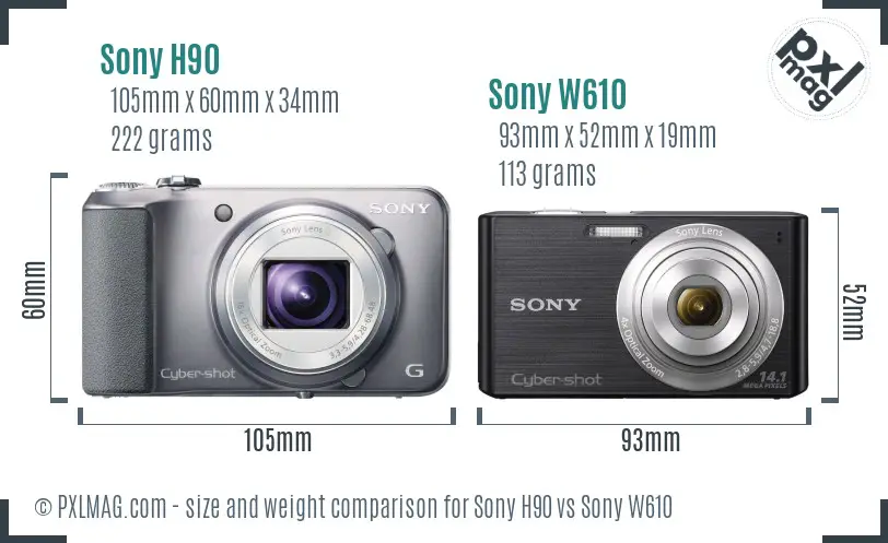 Sony H90 vs Sony W610 size comparison