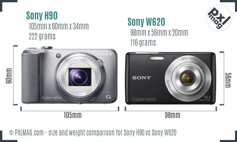 Sony H90 vs Sony W620 size comparison