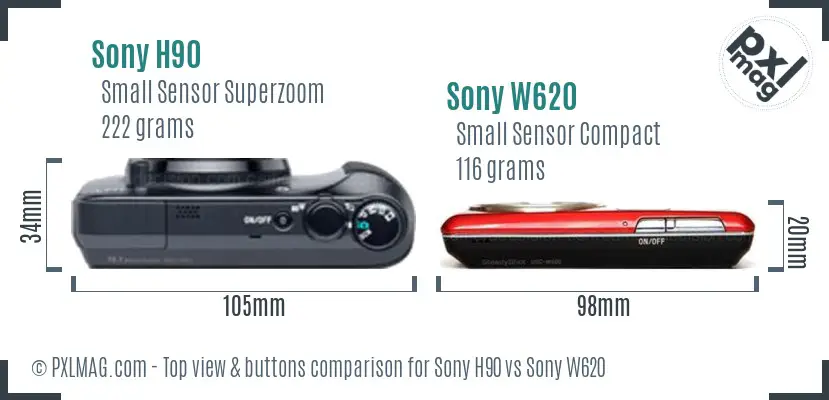 Sony H90 vs Sony W620 top view buttons comparison