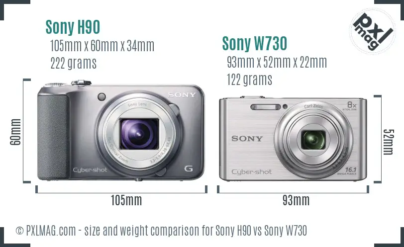Sony H90 vs Sony W730 size comparison