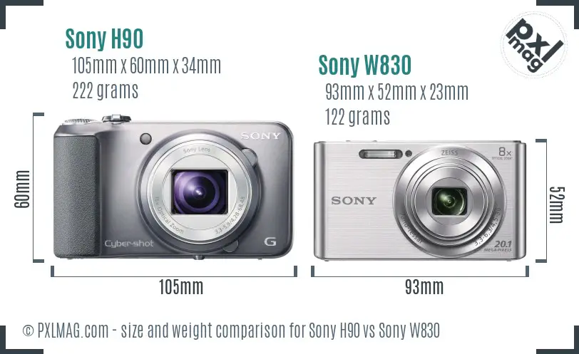 Sony H90 vs Sony W830 size comparison