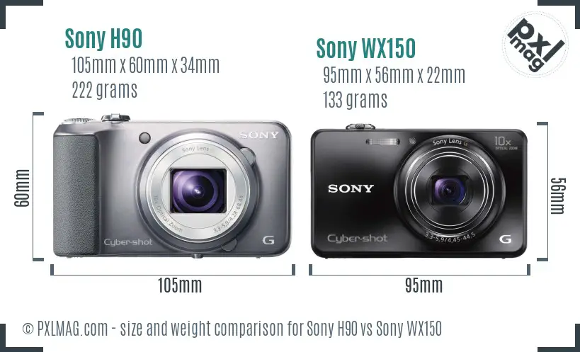 Sony H90 vs Sony WX150 size comparison