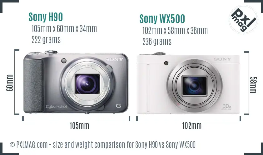 Sony H90 vs Sony WX500 size comparison