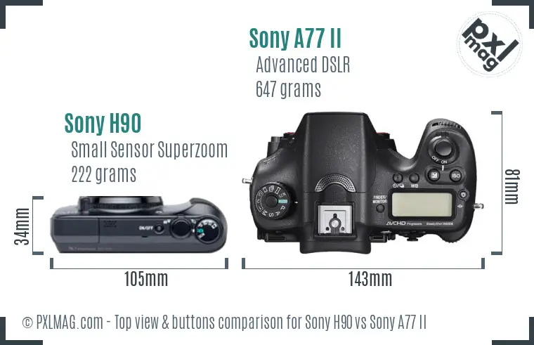 Sony H90 vs Sony A77 II top view buttons comparison