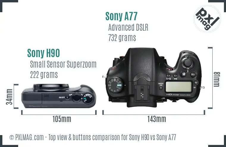 Sony H90 vs Sony A77 top view buttons comparison
