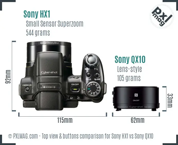 Sony HX1 vs Sony QX10 top view buttons comparison