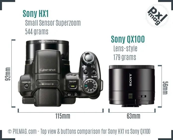 Sony HX1 vs Sony QX100 top view buttons comparison