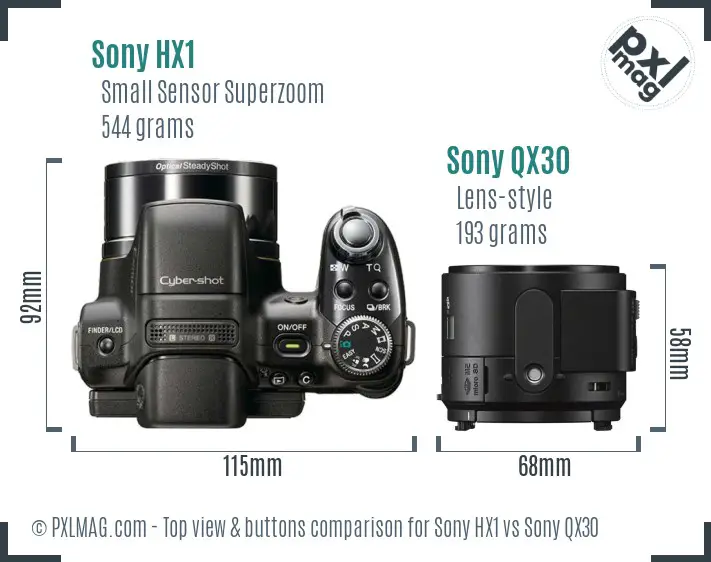Sony HX1 vs Sony QX30 top view buttons comparison