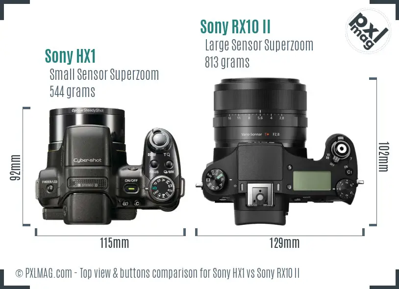 Sony HX1 vs Sony RX10 II top view buttons comparison