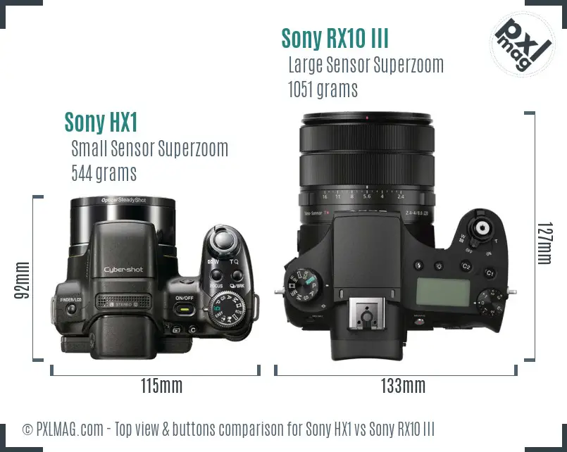 Sony HX1 vs Sony RX10 III top view buttons comparison