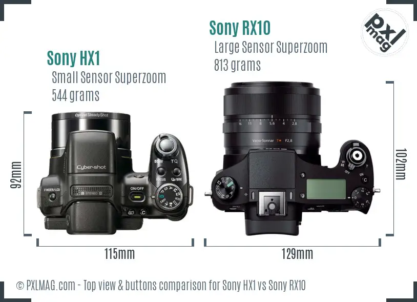 Sony HX1 vs Sony RX10 top view buttons comparison