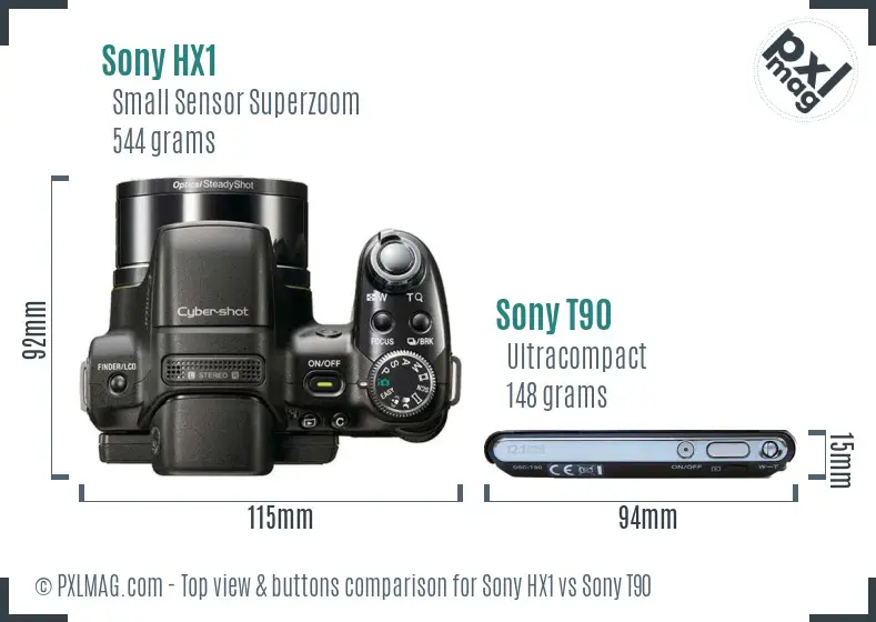 Sony HX1 vs Sony T90 top view buttons comparison