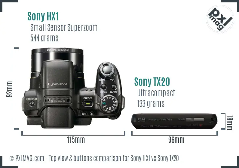 Sony HX1 vs Sony TX20 top view buttons comparison