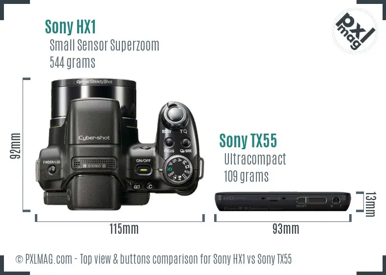 Sony HX1 vs Sony TX55 top view buttons comparison