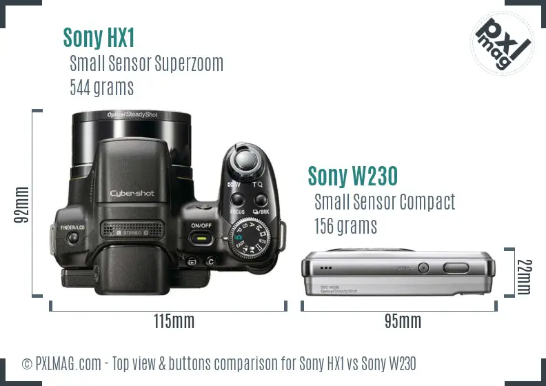 Sony HX1 vs Sony W230 top view buttons comparison