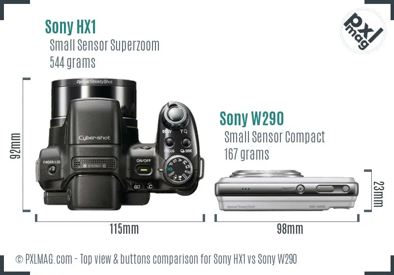 Sony HX1 vs Sony W290 top view buttons comparison