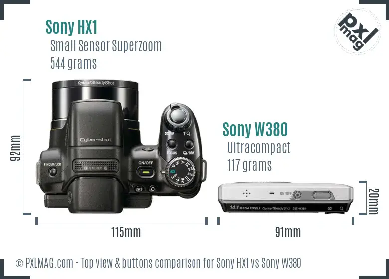 Sony HX1 vs Sony W380 top view buttons comparison