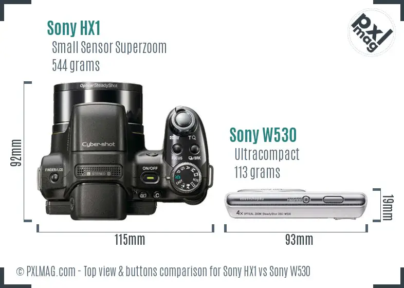 Sony HX1 vs Sony W530 top view buttons comparison