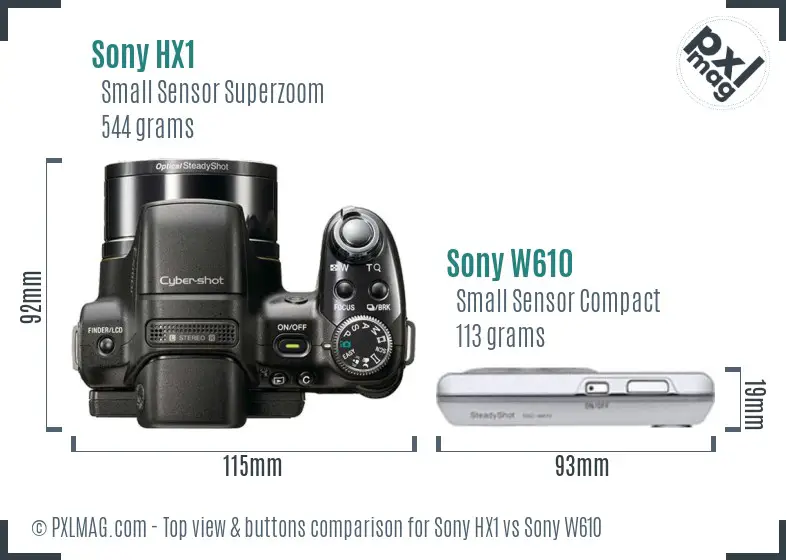 Sony HX1 vs Sony W610 top view buttons comparison