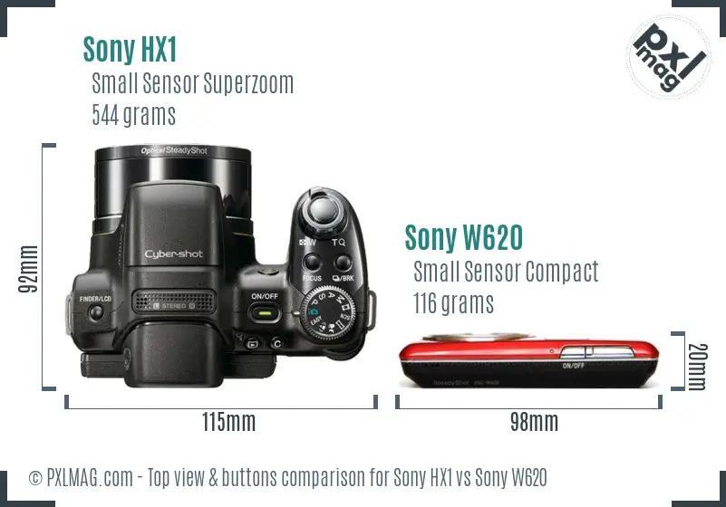 Sony HX1 vs Sony W620 top view buttons comparison