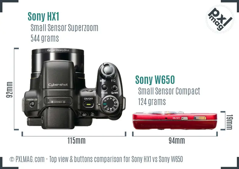 Sony HX1 vs Sony W650 top view buttons comparison