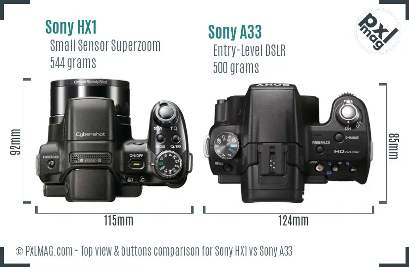 Sony HX1 vs Sony A33 top view buttons comparison