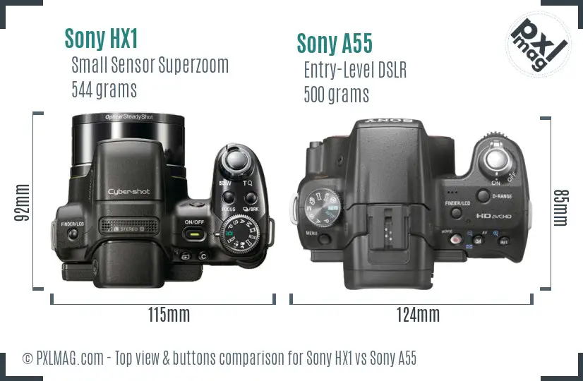 Sony HX1 vs Sony A55 top view buttons comparison