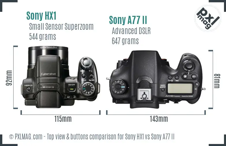 Sony HX1 vs Sony A77 II top view buttons comparison