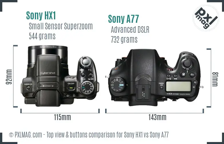 Sony HX1 vs Sony A77 top view buttons comparison