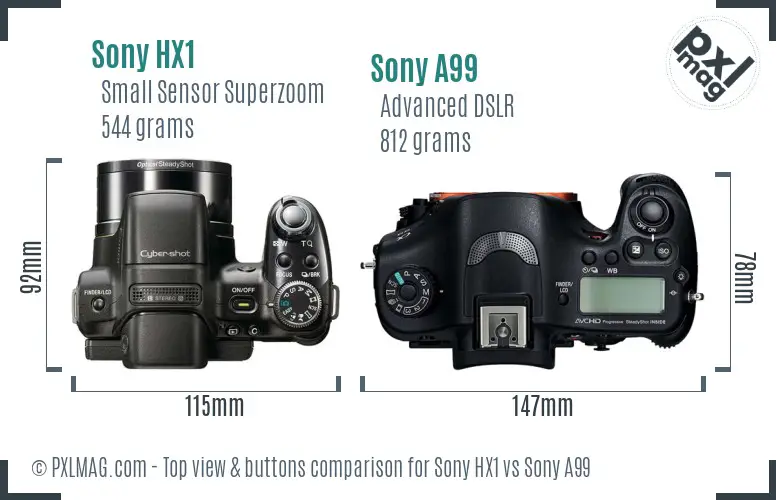 Sony HX1 vs Sony A99 top view buttons comparison
